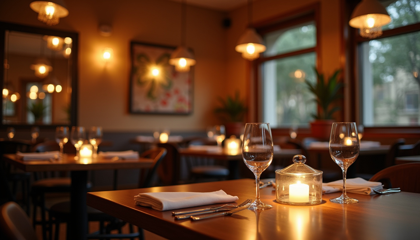 Intérieur moderne et chaleureux du restaurant Le Flavor à Nantes, avec tables dressées et ambiance tamisée