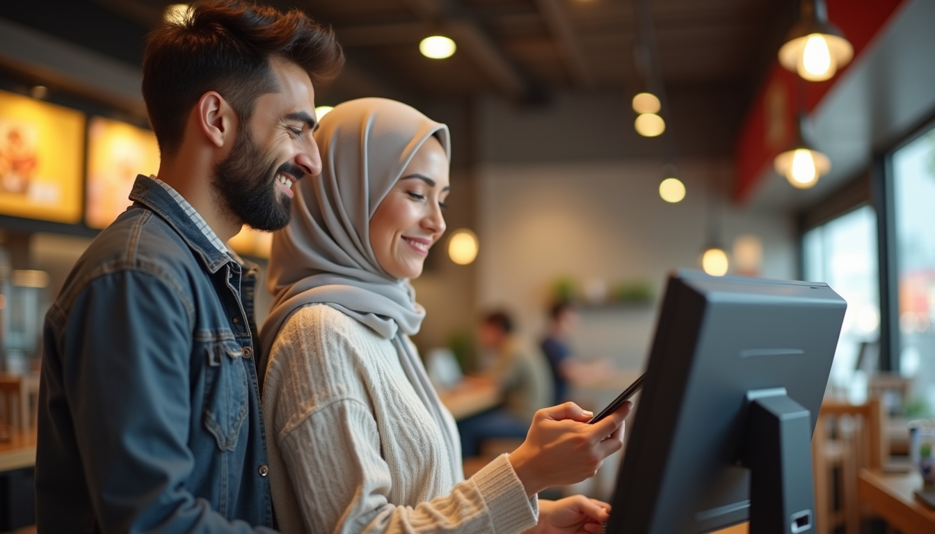 Jeune couple passant commande sur un terminal numérique dans un restaurant rapide