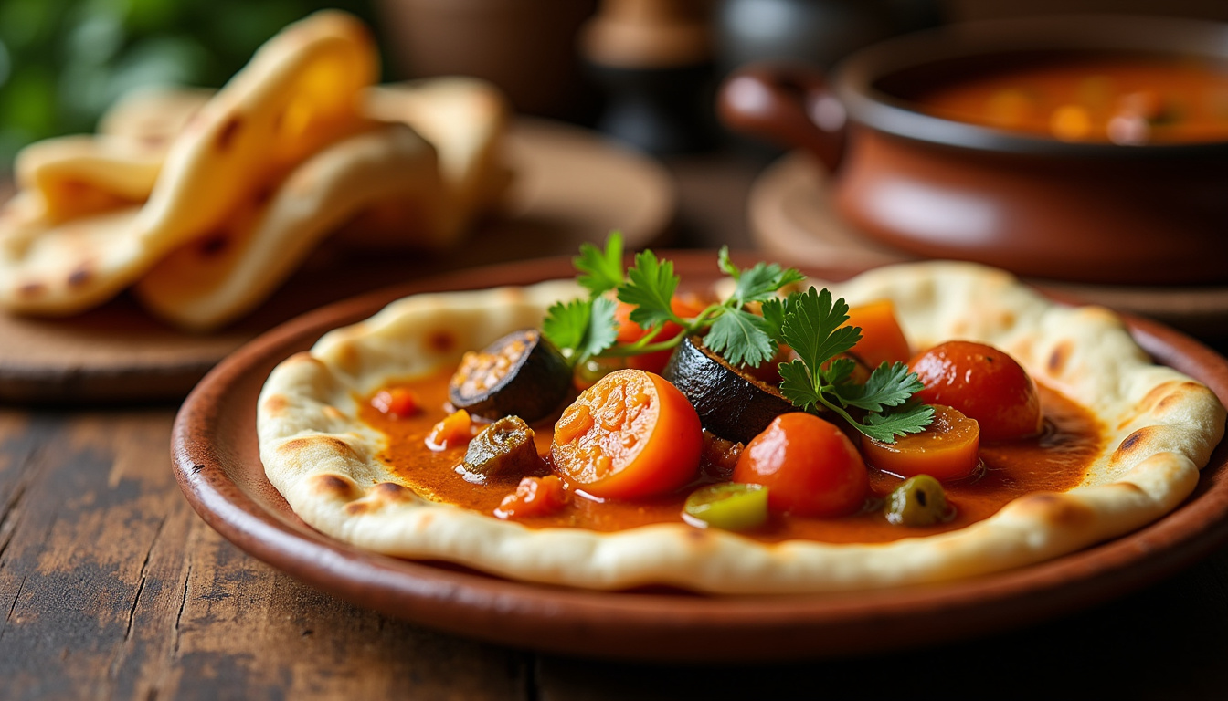 Naan servi avec un curry à la sauce tomate et des légumes