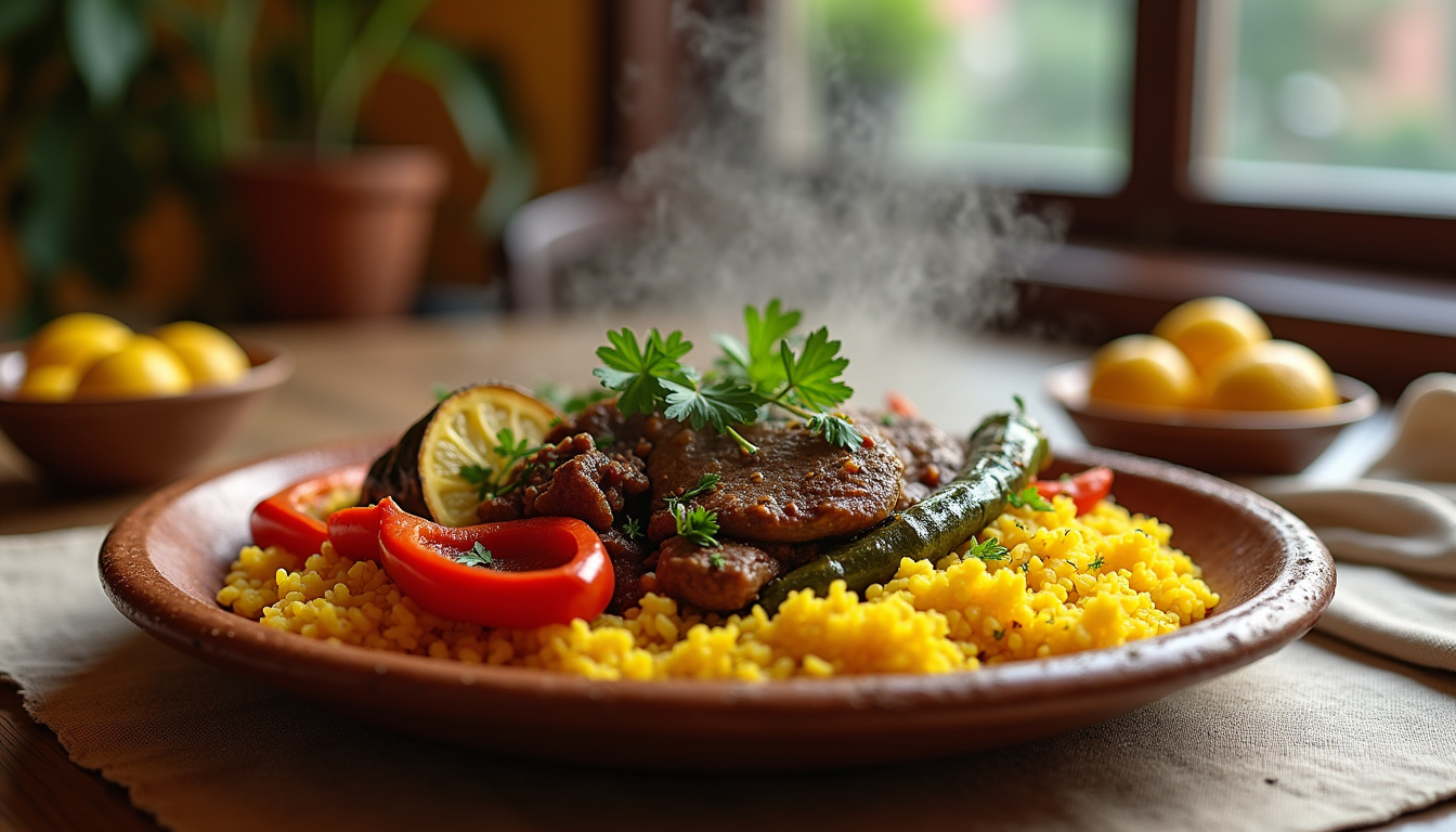 Plat halal servi dans un restaurant avec accompagnements colorés