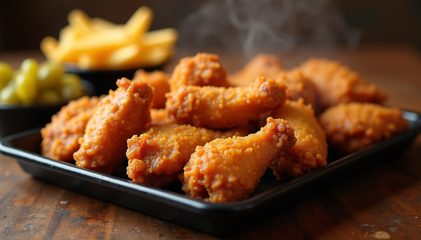 Poulet frit tenders et wings Pepe Chicken présentés sur un plateau