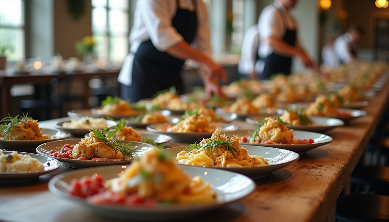 Préparation d'un buffet par une équipe de traiteur lyonnais avant un événement