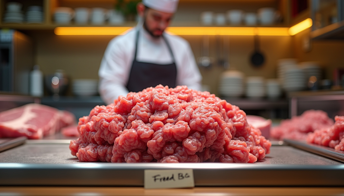 Présentation de viande hachée fraîchement préparée en vitrine de la boucherie halal H2 à Les Lilas
