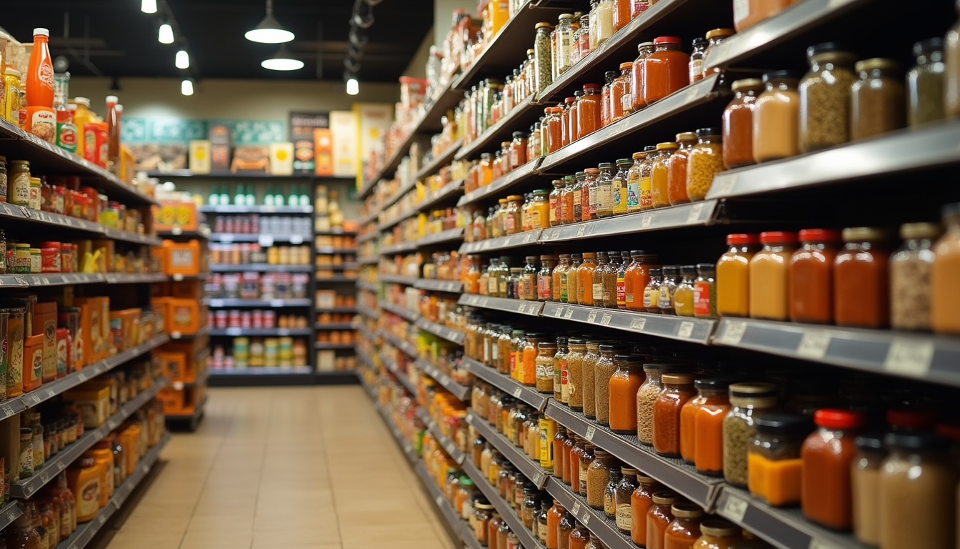 Rayon épicerie fine du supermarché Harissa à Toulouse, avec des conserves, épices et spécialités orientales bien rangées