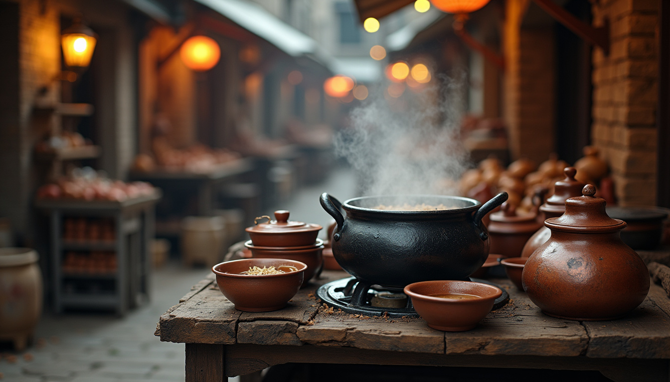 Reconstitution d’un stand de cuisine de rue ancien dans un marché historique