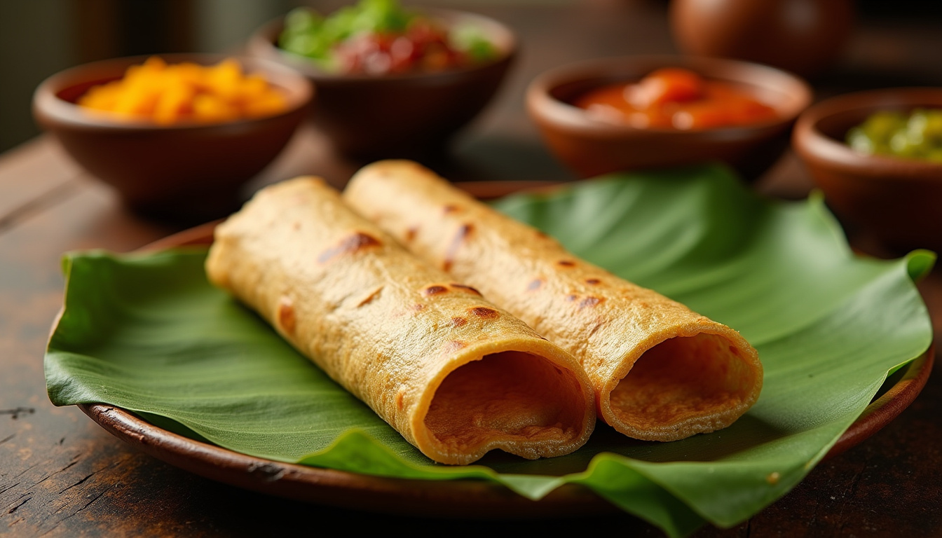 Service d’un dosai accompagné de pomme de terre masala et de chutneys sur une feuille de bananier