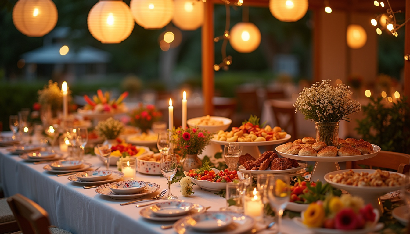 Table dressée avec un buffet Flunch Traiteur pour un anniversaire