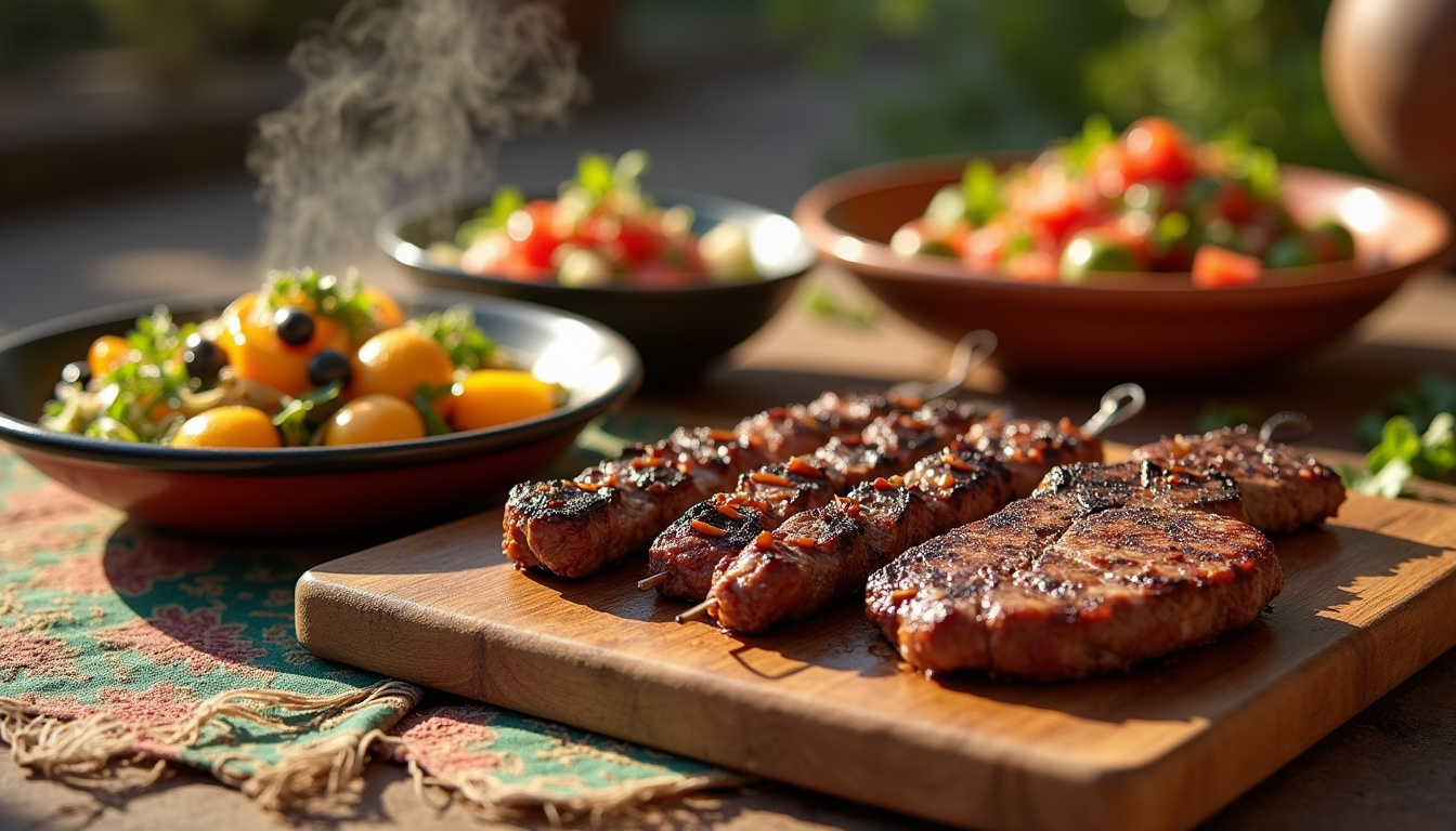 Tableau de plats halal variés à Montpellier: tajine, brochettes, steak, salades composées