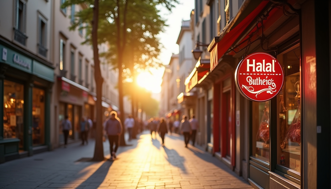 Vue d'une rue commerçante à Montpellier avec une enseigne de boucherie halal