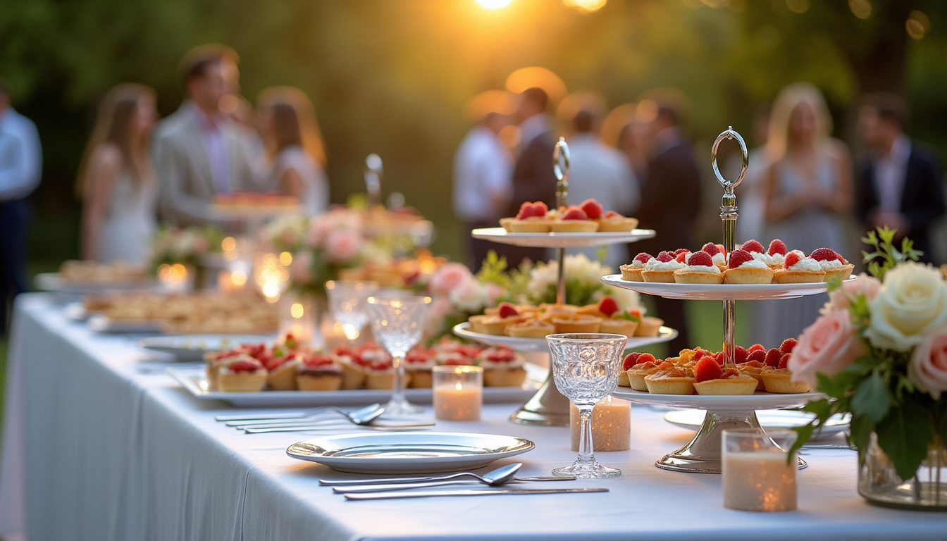Disposition d’un buffet traiteur lors d’un événement organisé par Aux Délices de la Reine