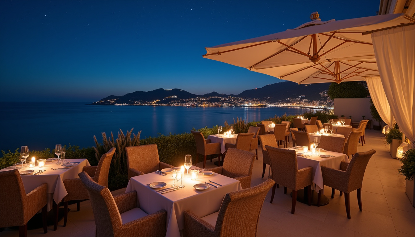 Vue panoramique depuis la terrasse rooftop de Pesca à Nice, montrant la baie des Anges de nuit
